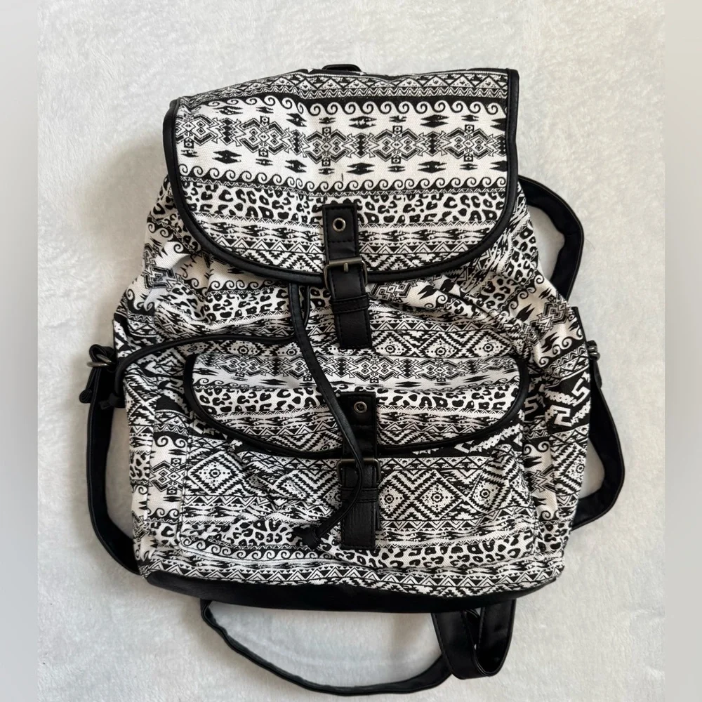 Geometric Print Canvas Backpack with Front Buckle Closure